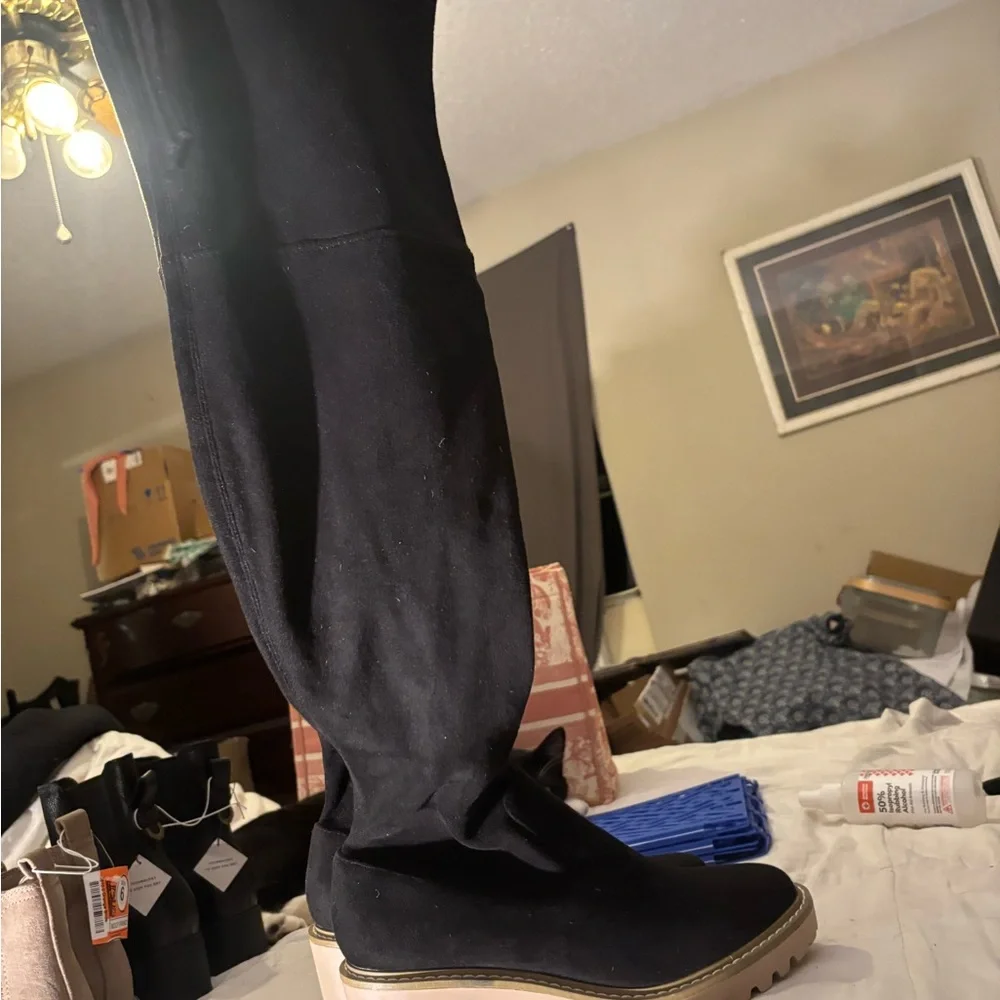 Black Over-the-Knee Wedge Boots with Tan Lug Sole Tie for An Adjustable Top NB